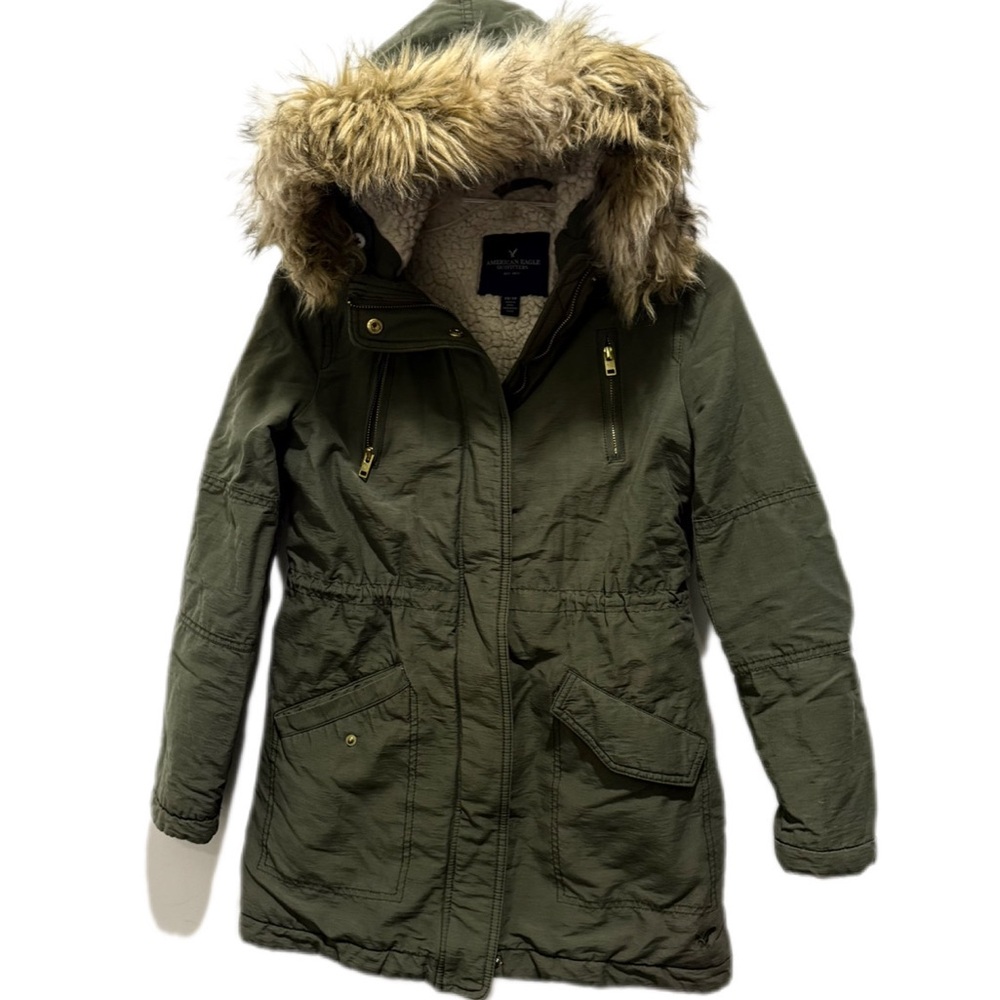 American Eagle Army Green Fur Trim Removable Hood Full Zip Jacket Coat Size XS - Picture 2 of 12